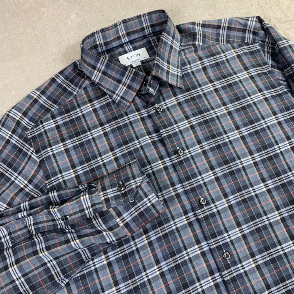 Eton Button Down Shirt Mens XL Blue Grey Plaid Contemporary Fit Long Sleeve